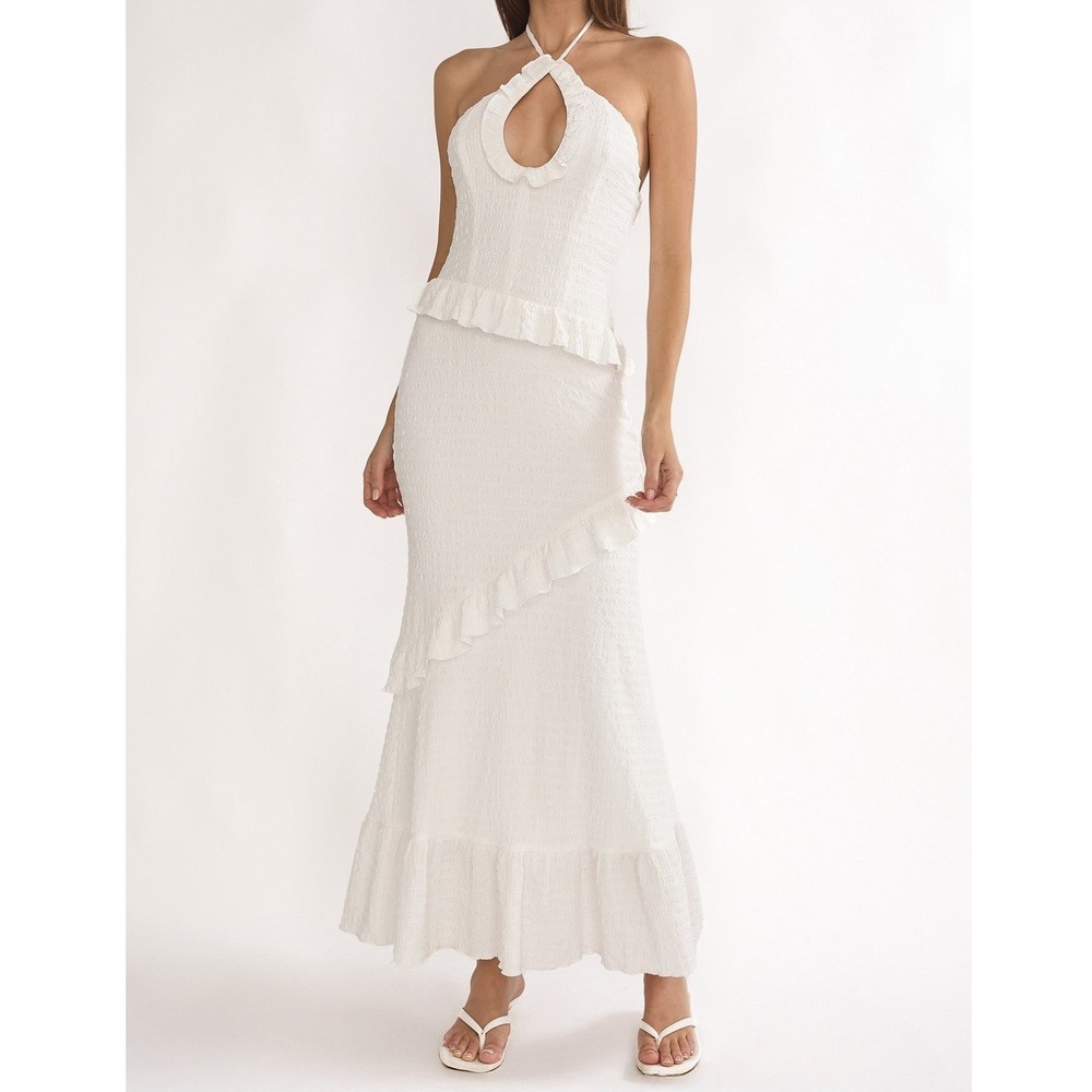 Here Comes The Sun Clemence Smocked Frill Trim Maxi Dress Womens Small White